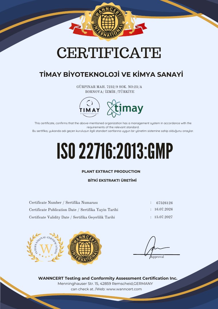 Timay ISO 22716:2013 GMP sertifikası