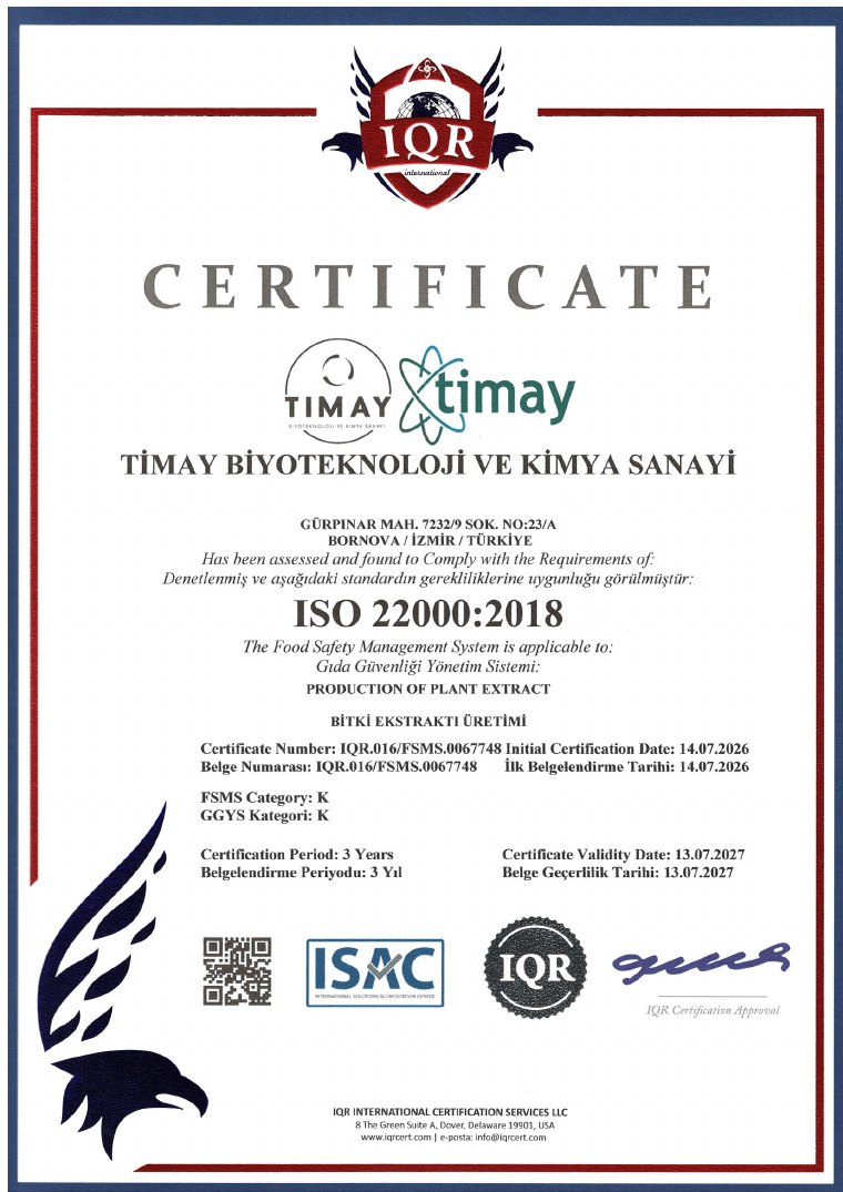 Timay ISO 22000:2018 Gıda Güvenliği Yönetim Sistemi sertifikası