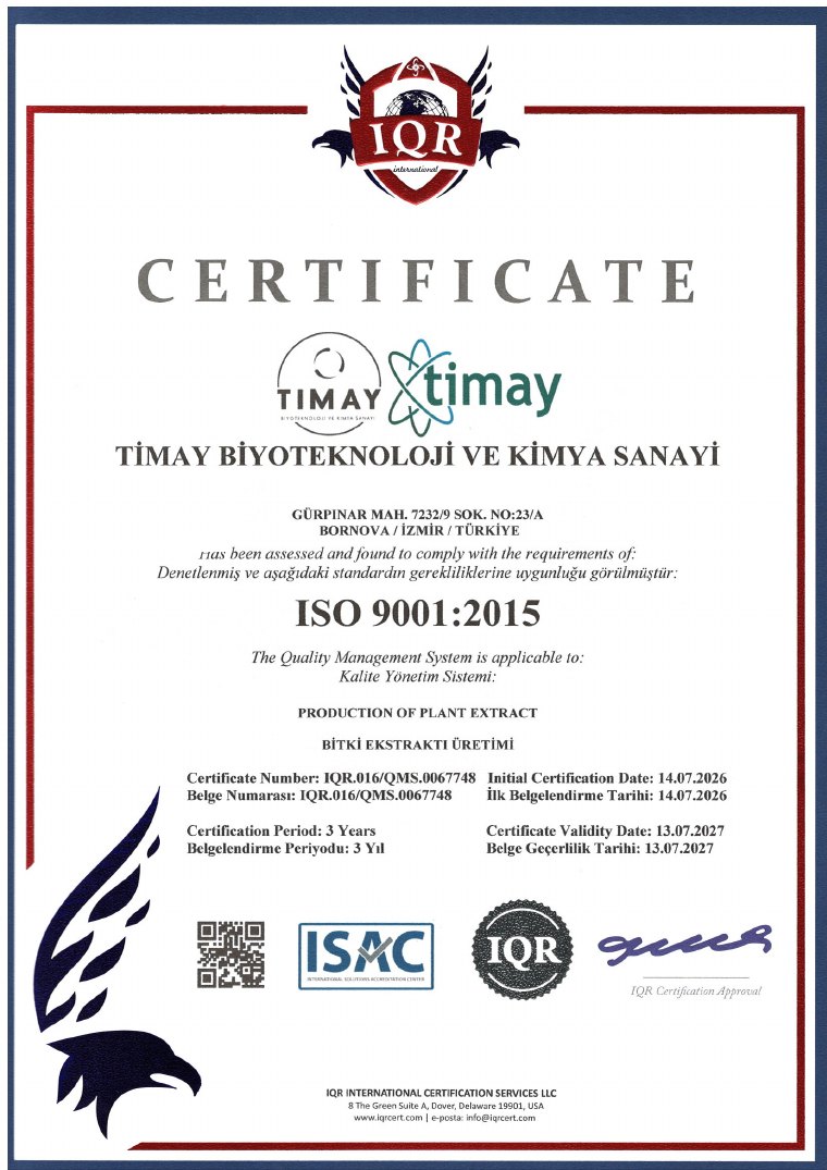 Timay ISO 9001:2015 Kalite Yönetim Sistemi sertifikası